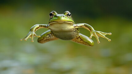 Poster -   A close-up of a frog in flight, with its legs extended and wide-open eyes