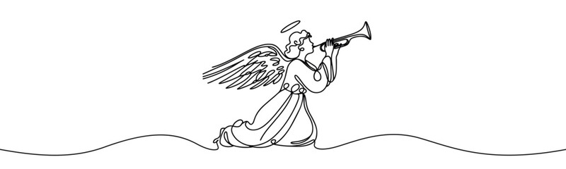 Wall Mural - Vector linear image on white background, one line. Angel blowing a trumpet. angel with a trumpet in his hands