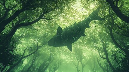 Wall Mural -   A sizable fish swimming amidst lush green forest trees with towering, leafy heights