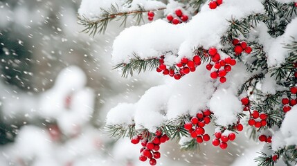 Sticker -   A tree's snow-covered branches display red berries