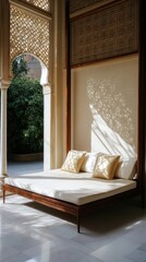 Wall Mural - A serene indoor space featuring a luxurious daybed adorned with cushions, framed by intricate architectural patterns and soft natural light.