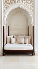 Wall Mural - A stylish wooden daybed with soft cushions, set against a decorative archway, creating a serene and elegant ambiance.