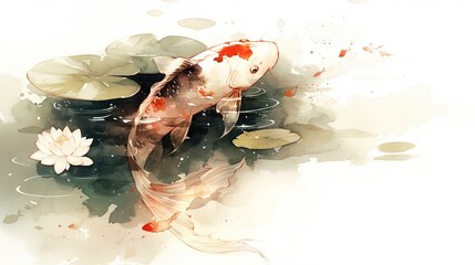 Sticker -   Koi Fish Pond - A captivating painting showcases a koi fish swimming gracefully in a tranquil water pond surrounded by lush green lily pads