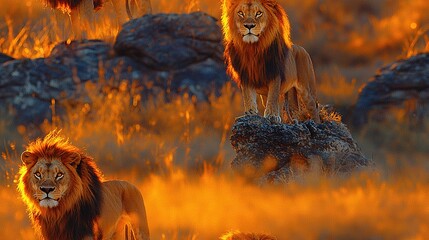 Canvas Print -   Lions on grass with rock background