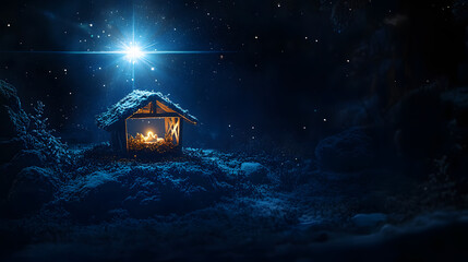 Wall Mural - nativity scene. christian christmas concept. birth of jesus christ. wooden manger in dark blue night