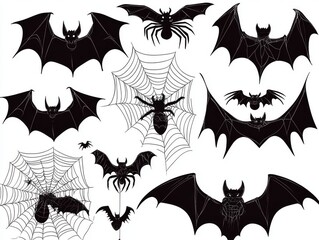 2408 109.A spooky Halloween set featuring black silhouettes of bats with open wings, spiders hanging from webs, and detailed cobwebs. The elements are arranged on a white background, providing clean,