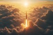 © Maryna - A rocket ascending through the clouds with sunlight illuminating its path.