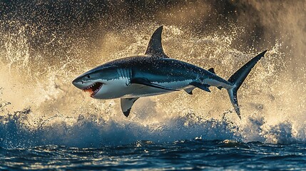 Wall Mural -   A great white shark jumps out of the water, its mouth wide open