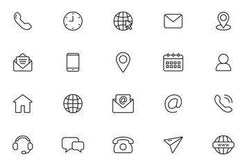 Contact and Web icons set. Business contact us icons. Communication isolated symbols. Phone, email, website and address. Editable stroke line icons. Vector illustration.