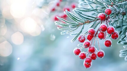 Canvas Print -  Pine tree branch with red berries and ice crystals in close-up