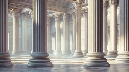 Elegant marble columns, reminiscent of ancient Roman and Greek architecture, adorn this image. The intricate designs and flutings of these pillars evoke the grandeur of ancient temples and buildings.