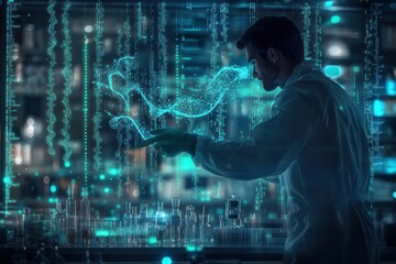Aufkleber - A genetic engineer in a futuristic laboratory manipulating floating holographic DNA strands with advanced technology and equipment. Generative AI