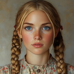 Wall Mural - Beautiful Blonde Woman with Braids and Blue Eyes