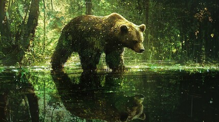 Poster -   A majestic brown bear stands proudly atop the placid water's edge in a dense forest, surrounded by towering trees