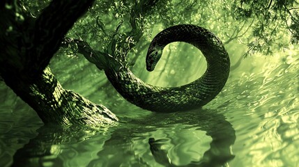 Sticker -   Snake curled on water near tree amidst forest