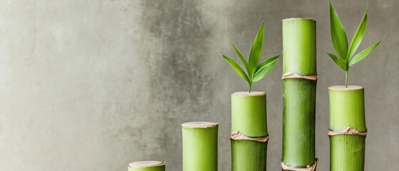 A serene arrangement of green bamboo stalks with delicate leaves against a textured background, symbolizing growth and harmony.