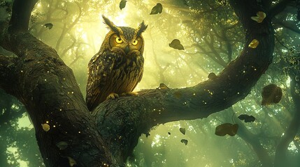 Canvas Print -   An owl perched on a tree limb amidst a dense forest, surrounded by fluttering butterflies