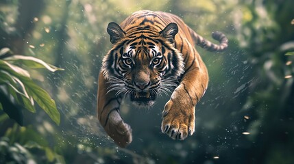 Canvas Print -   A tiger dashing in a verdant forest, with a hazy backdrop