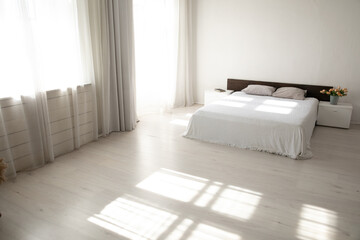 Poster - White bedroom interior with window and bed