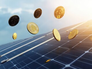 Wall Mural - Floating coins above solar panels symbolize the intersection of renewable energy and cryptocurrency, showcasing a sustainable financial future.