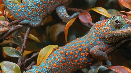 Poster -   A clear picture of a vivid blue and orange lizard perched on a tree branch surrounded by vibrant green foliage