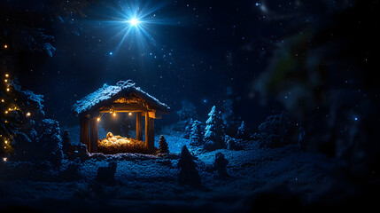 Wall Mural - nativity scene. christian christmas concept. birth of jesus christ. wooden manger in dark blue night
