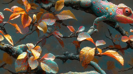 Poster -   Chameleon perched on a leaf-laden tree branch