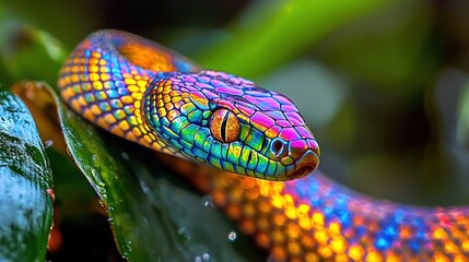 Poster -   A close-up of a vibrant snake resting atop a wet leaf, surrounded by verdant foliage