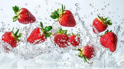 Poster -   A group of strawberries splashes into a glass of water