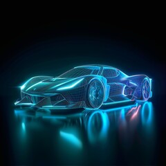 wireframe hologram of an electric sports car, glowing with blue light against the dark background. f