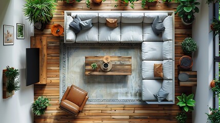 Top down view of cozy living room with a sectional sofa coffee table and indoor plants modern and comfortable on white isolated background