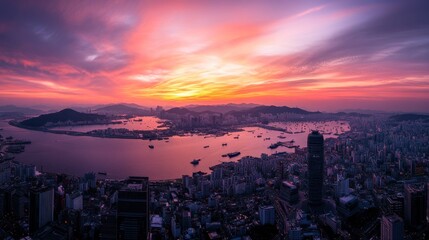 Wall Mural - A beautiful sunset view from the Busan Tower, overlooking the city's skyline and harbor.