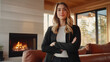 © Maksym - A European woman real estate agent stands by the fireplace of a modern homeâs cozy living room, exuding confidence and charm as she discusses the propertyâs unique features.