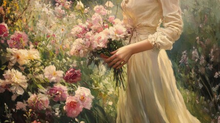 Poster - Woman in White Dress Holding Pink Flowers in a Garden