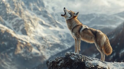 Poster -   Wolf on mountaintop amidst snowy landscape, gazing at sky