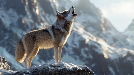 Poster -   A wolf with an open mouth perched on a rock, facing a snow-covered mountain range in the background