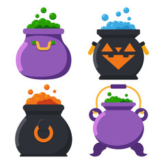 Halloween cauldrons vector cartoon set isolated on a white background.