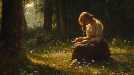 A Woman in a Forest Gathering Wildflowers