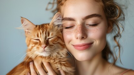 Wall Mural - Young woman smiling with eyes closed, holding content orange tabby cat