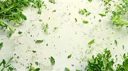 Wall Mural -   A detailed image of green leaves on a white background with droplets of water on their surfaces