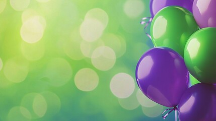 Canvas Print -   A colorful array of purple and green balloons in front of a vibrant green and white background with a blurred boke effect