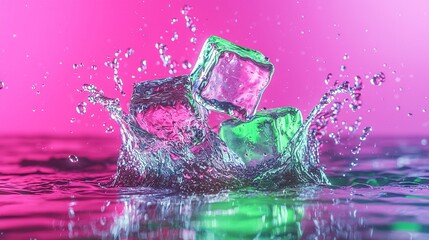 Sticker -   Three colorful ice cubes fall into a serene water pool, creating ripples on its surface