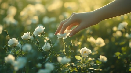 Poster - Hand Gently Touching a White Rose in a Field of Blooms