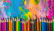 © MD Media - Colorful pencils on a colorful background with paint splashes, symbolizing creativity and drawing in an art class or school setting. Artist store online banner