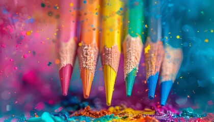 Colorful pencils on a colorful background with paint splashes, symbolizing creativity and drawing in an art class or school setting. Artist store online banner