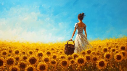 Poster - A Woman in a Sunflower Field Holding a Basket