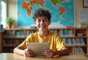 a boy in a yellow shirt is smiling and holding a tablet