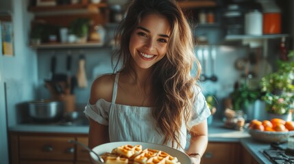 Young woman smiling while holding a dish of waffles in a cozy kitchen at midday