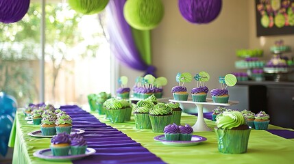 Sticker -   Green-topped cupcakes with frosted cupcakes covered in green frosting and purple icing