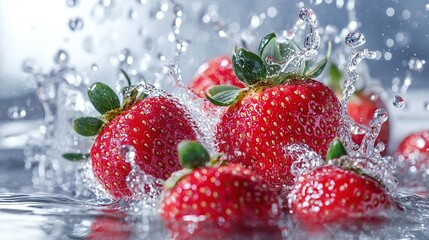 Wall Mural -   A cluster of strawberries bouncing off a water-reflecting surface and creating water droplets